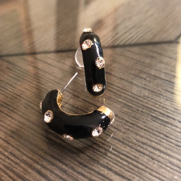 Vintage Black Enamel & Rhinestone Half Hoops - Picture 6 of 13